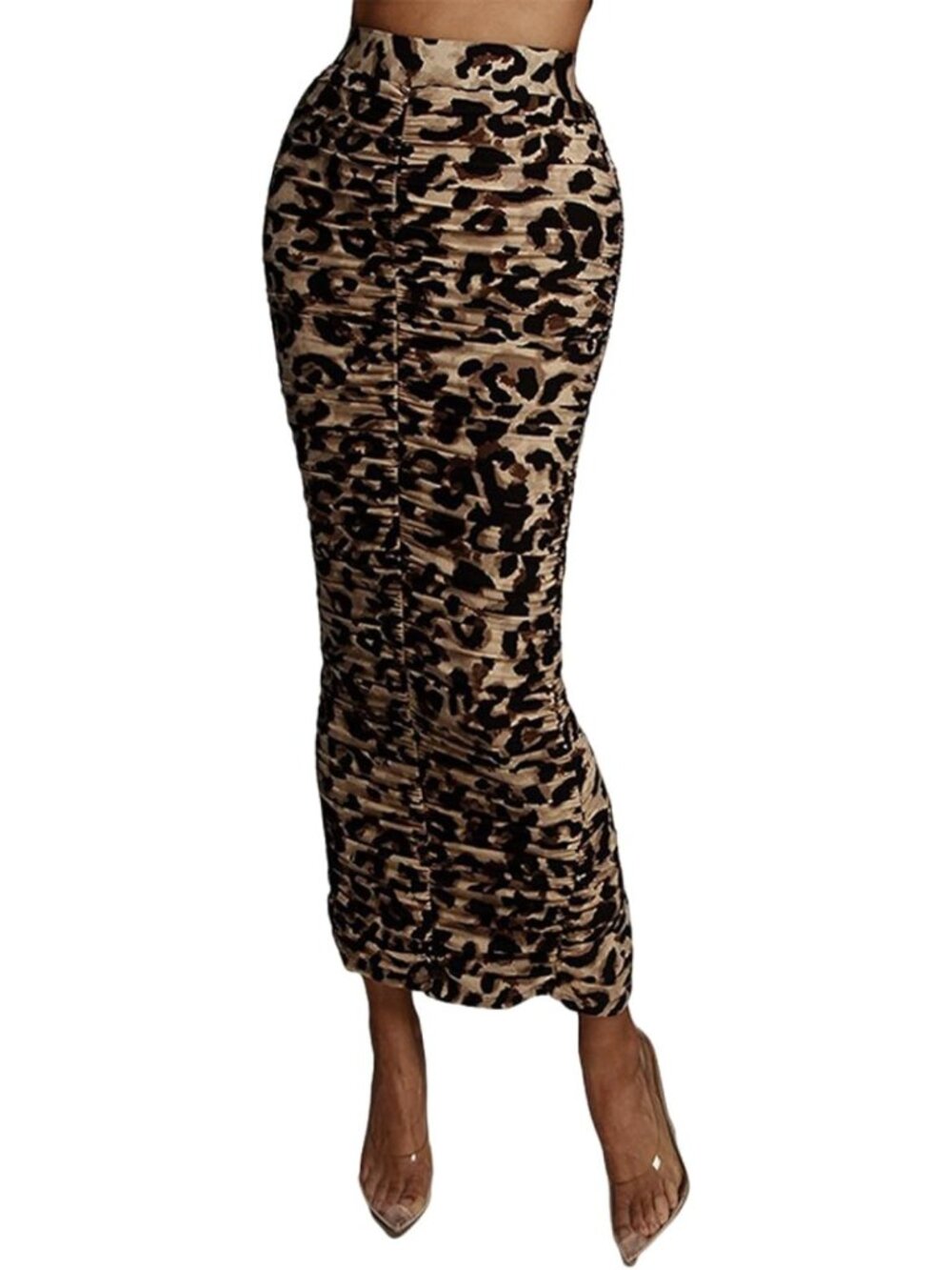 Leopard Print Midi Skirt - High Waist, Silk Satin, Elastic, Office Pencil Style